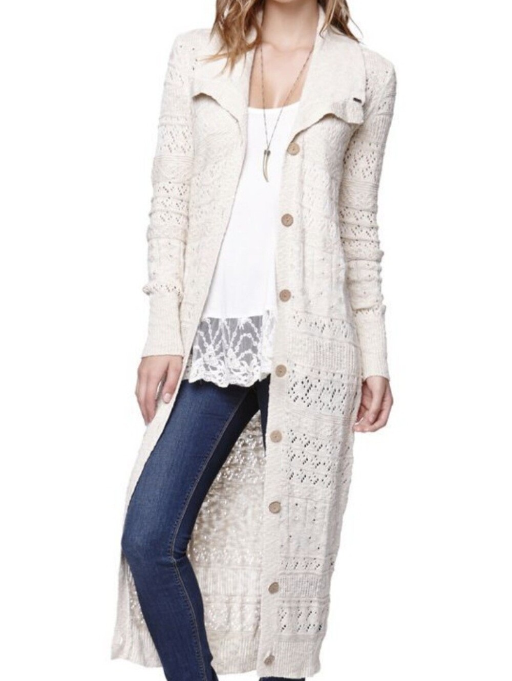 ROXY Long Button Up Lightweight Cardigan Sweater - Cream- Large